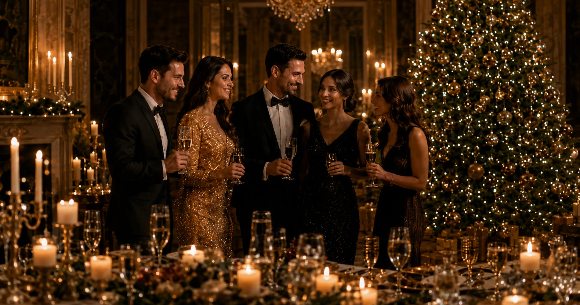 Fiesta de gala con seis personas brindando junto a un gran &aacute;rbol navide&ntilde;o