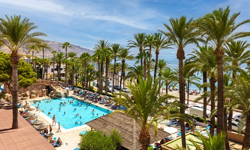 Piscina rodeada de palmeras y tumbonas en un resort junto a la playa.