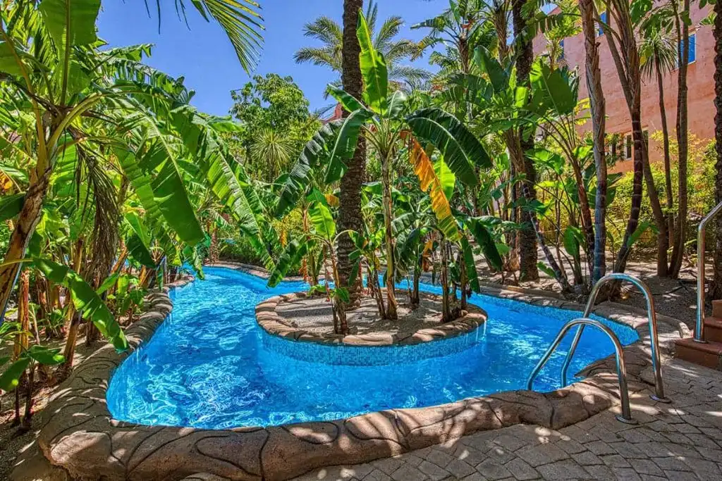 Piscina azul rodeada de palmeras y piedras en un patio tropical al sol