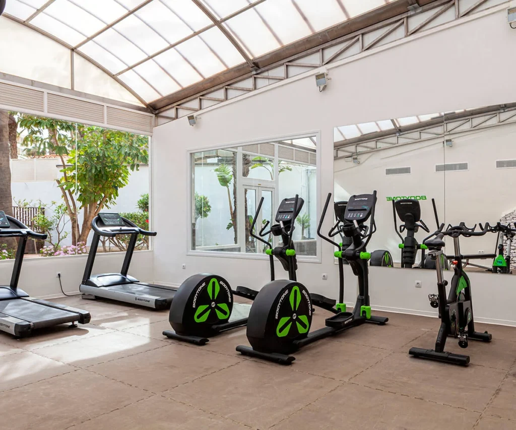 Gimnasio con bicicletas est&aacute;ticas y el&iacute;pticas bajo techo con luz natural