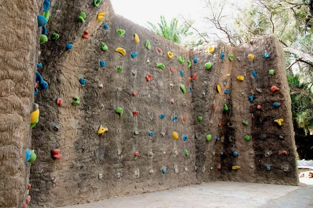 Muro de escalada con numerosos agarres de colores en un entorno natural