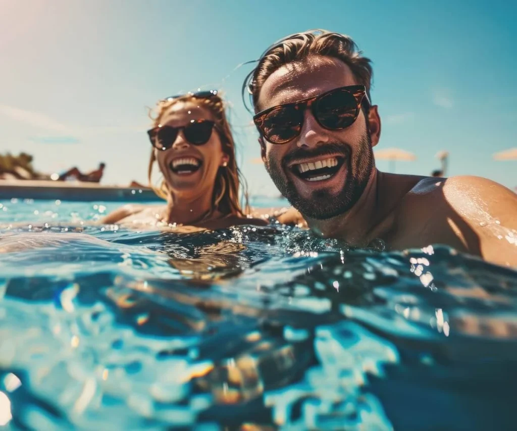 Pareja sonriendo en el mar con gafas de sol y agua salpicando