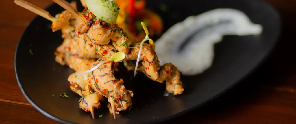 Brocheta de pollo con especias y hierbas, servida en plato negro