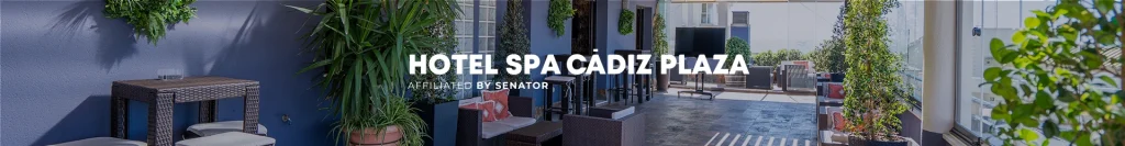 Terraza del Hotel Spa C&aacute;diz Plaza con mobiliario y plantas decorativas.
