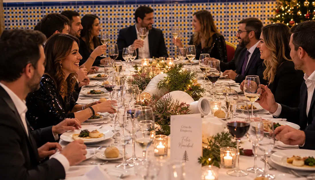Mesa de cena navide&ntilde;a con amigos brindando entre luces y velas decorativas