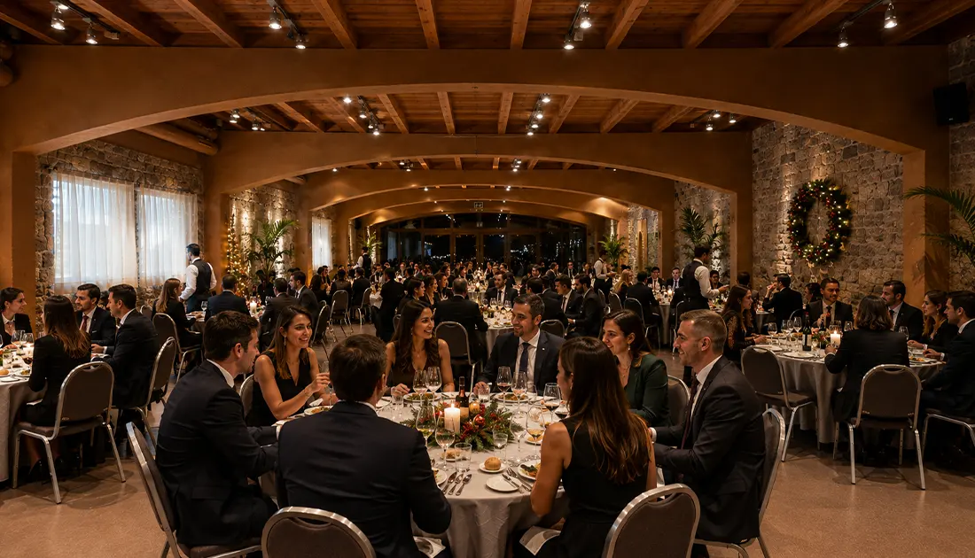 Banquete de gala en un sal&oacute;n r&uacute;stico con mesas servidas y decoraci&oacute;n navide&ntilde;a.