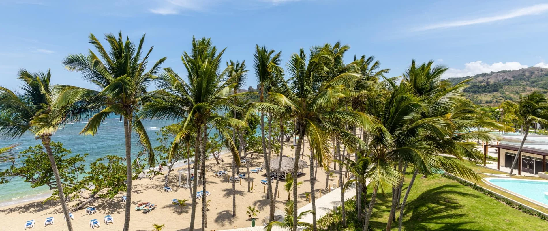 Playa tropical con palmeras, arena y piscina junto al mar.
