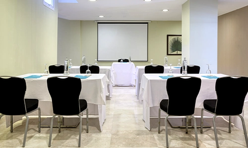 Sala de conferencias con filas de sillas y una pantalla de proyecci&oacute;n.