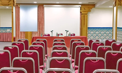 Sala de conferencias vac&iacute;a con sillas alineadas y mesa con micr&oacute;fonos.