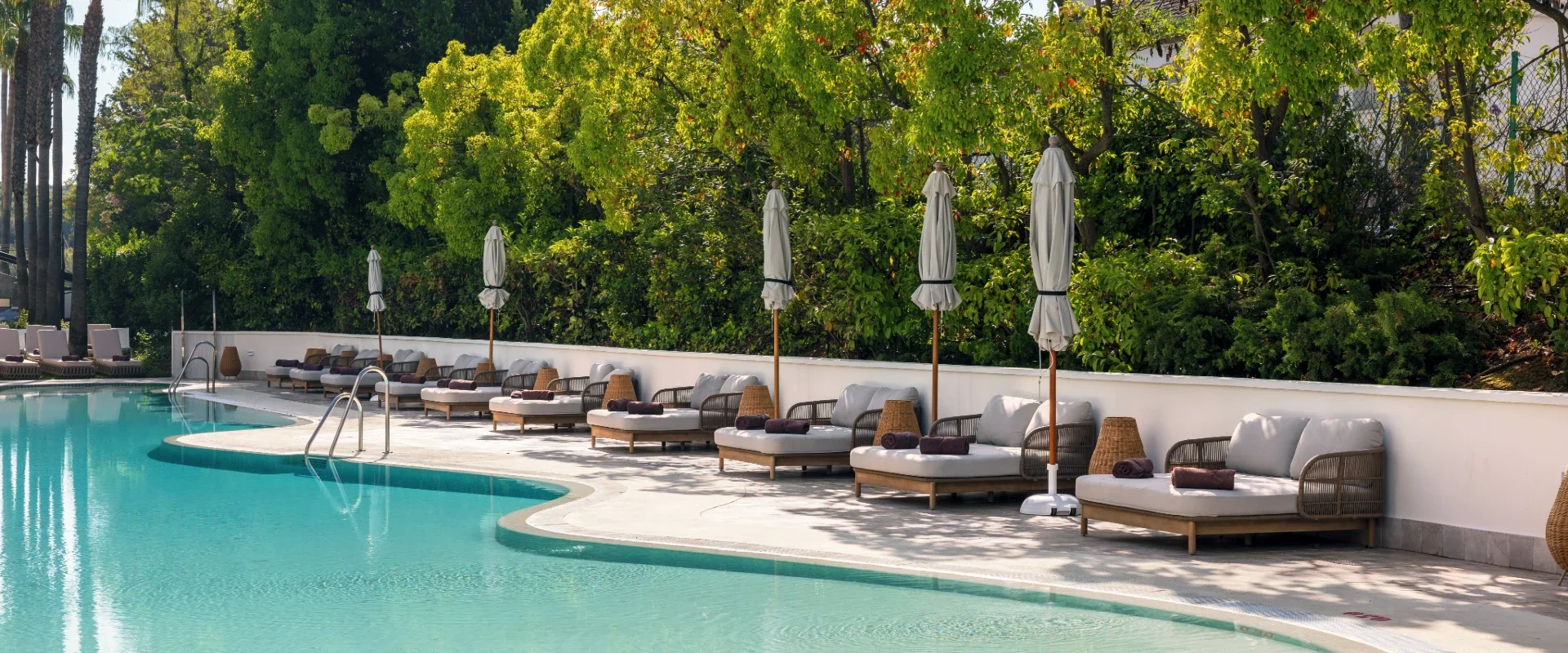 Piscina y terraza con camastros, sombrillas junto a un muro verde.