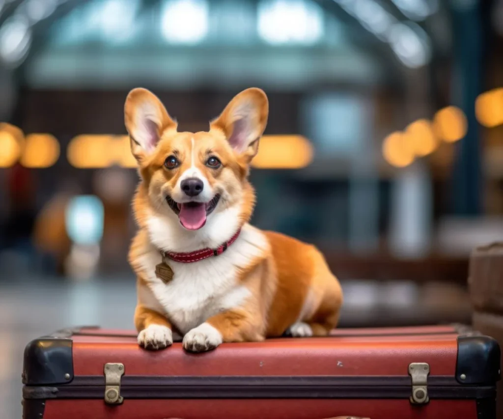 Corgi naranja sonriente sobre maleta roja en interior desenfocado