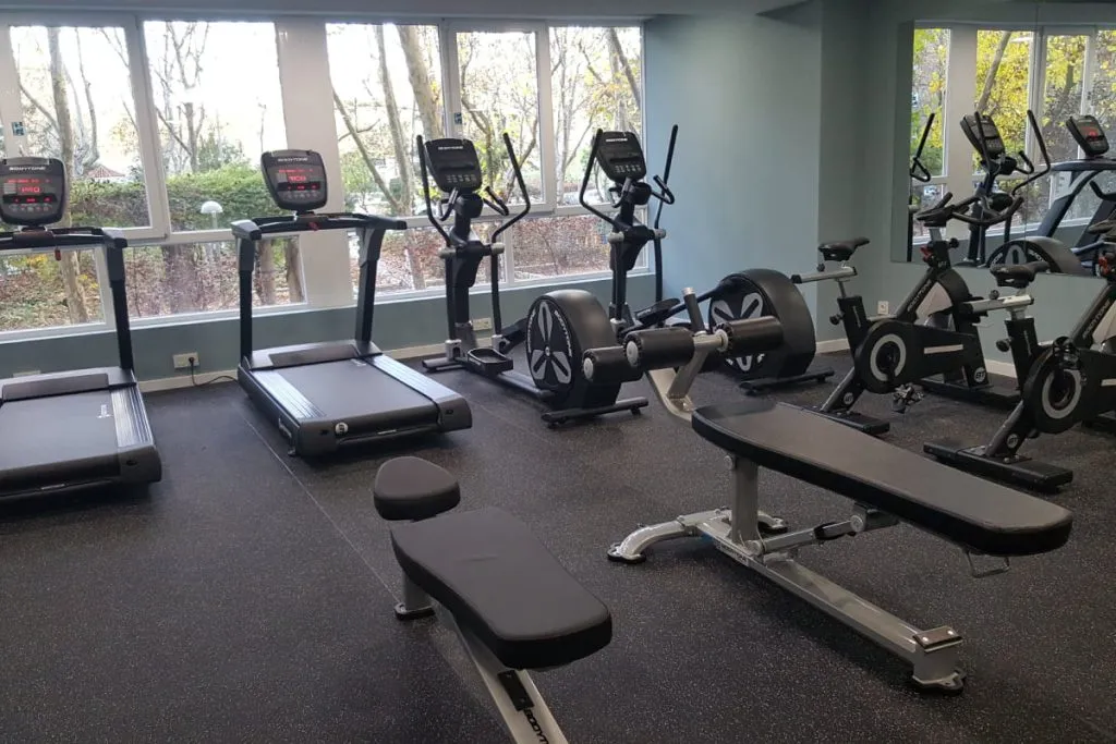 Gimnasio con máquinas cardiovasculares y de pesas frente a grandes ventanas.