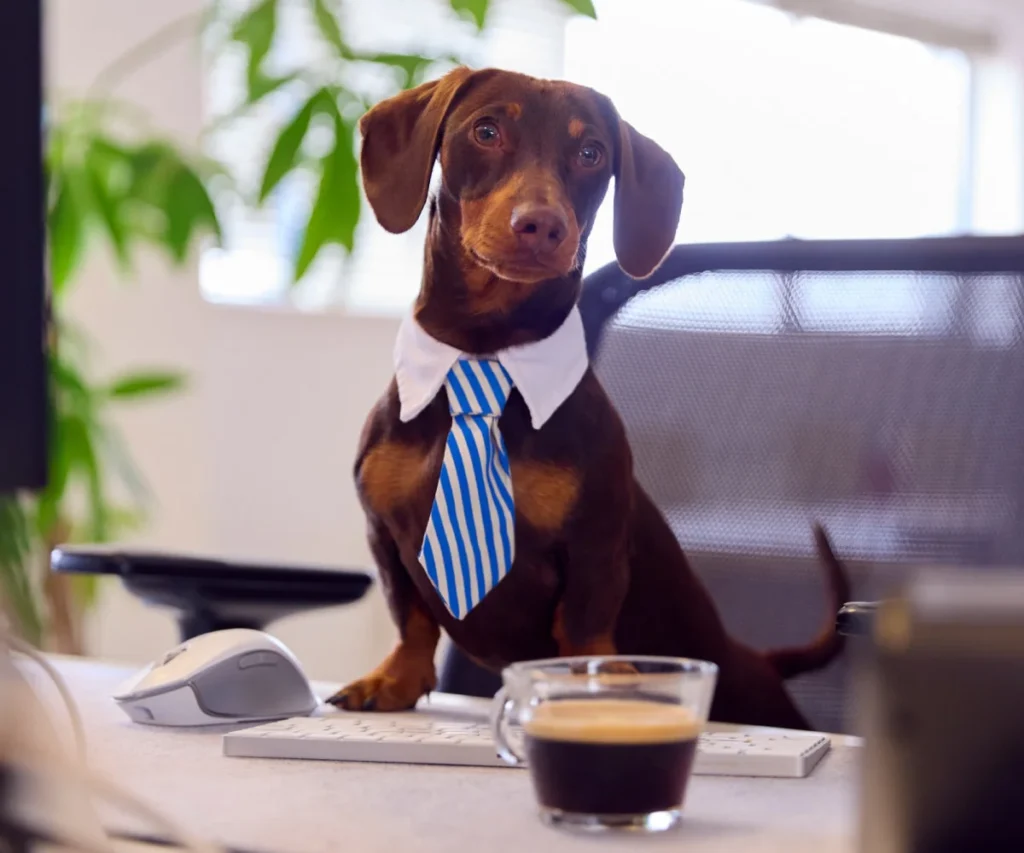 Perro marr&oacute;n con corbata azul sentado en oficina, mirando a c&aacute;mara