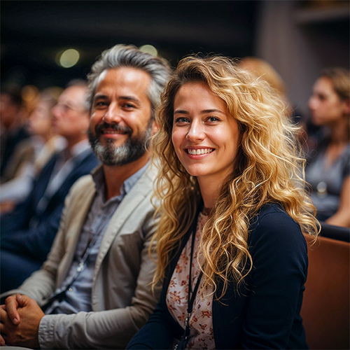 Personas sentadas sonrientes en un evento.