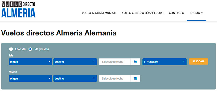 Captura de pantalla de la página principal del portal de reservas de vuelos www.vuelodirectoalmeria.com Captura de pantalla de la página principal del portal de reservas de vuelos www.vuelodirectoalmeria.com
