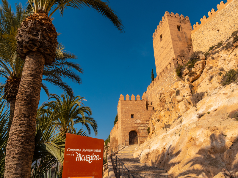 Foto del monumento de la Alcazaba de Almería con una palmera y el cartel de entrada. 