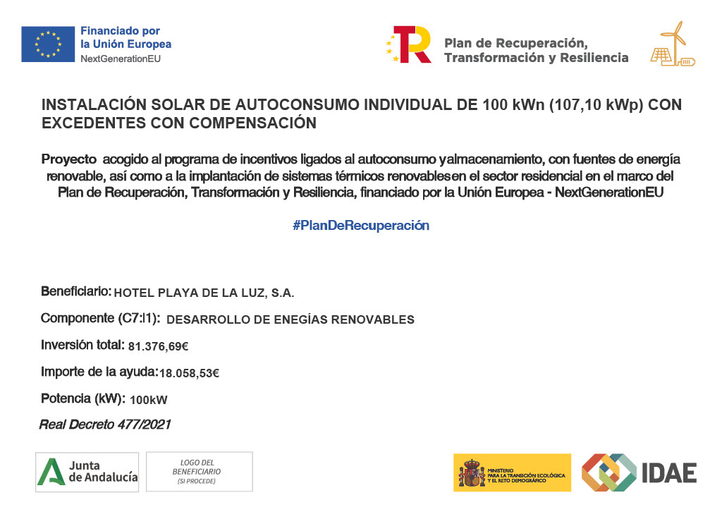 Subvención concedida al Hotel Duque de Nájera por la instalación de placas fotovoltaicas. - HACE