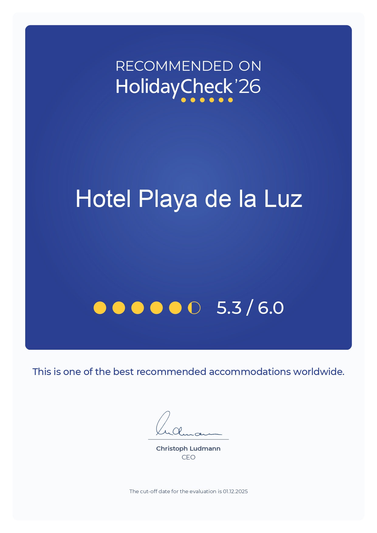 Hôtel Playa de la Luz a reçu la distinction « Recommandé » sur HolidayCheck 2026. - HACE