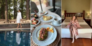 Mosaic with pool among pines, healthy breakfast, and relaxed woman at Hotel Villalba.