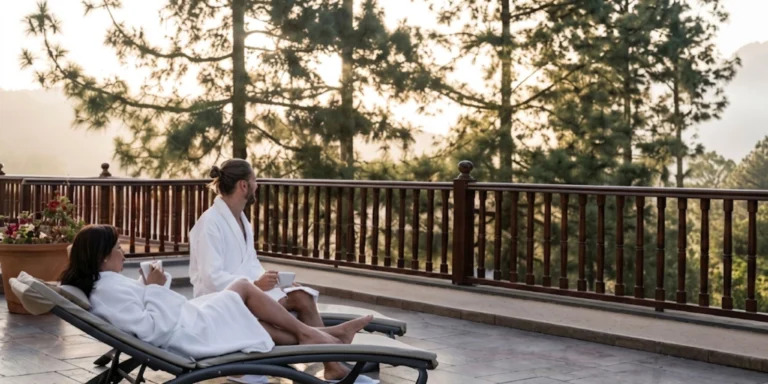 Pareja en albornoz descansando en la terraza de un hotel rodeado de pinos en Tenerife.