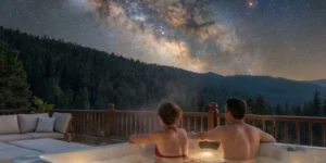 Couple relaxing in a jacuzzi on a wooden terrace under a spectacular starry sky with the Milky Way, ideal for a midweek getaway in Tenerife.