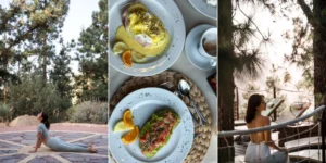 Collage de retiro de bienestar con clase de yoga, desayuno saludable y relax al aire libre.