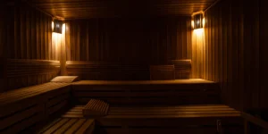 Vista interior de una sauna de madera con iluminaci&oacute;n c&aacute;lida, bancos a diferentes alturas y un dise&ntilde;o minimalista y relajante.