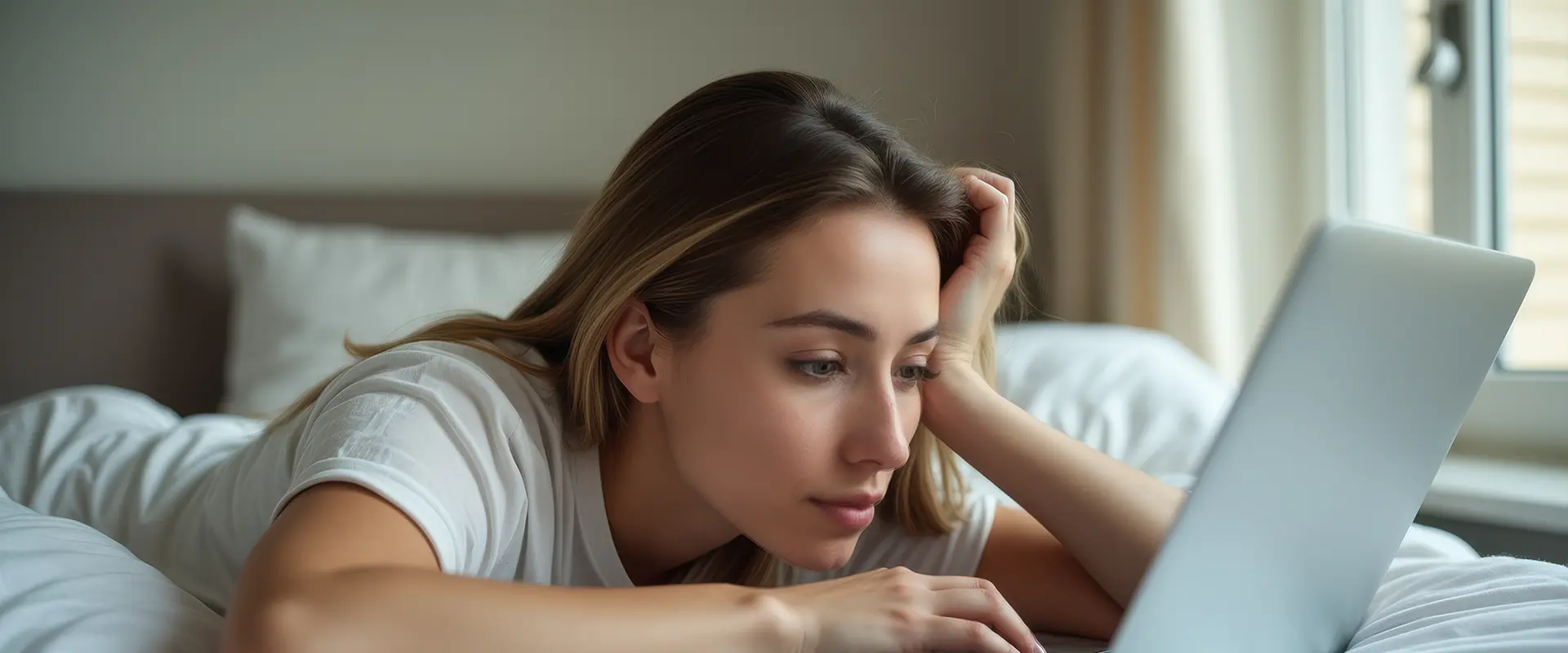Una chica est&aacute; explorando en el ordenado en la cama
