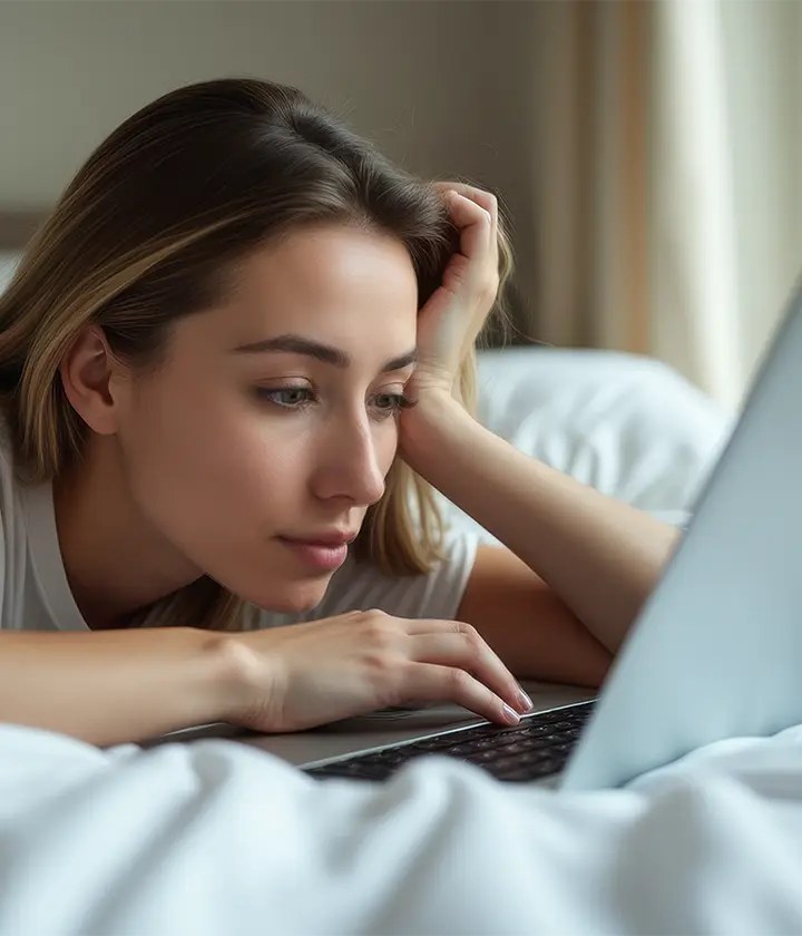 Una chica est&aacute; explorando en el ordenado en la cama