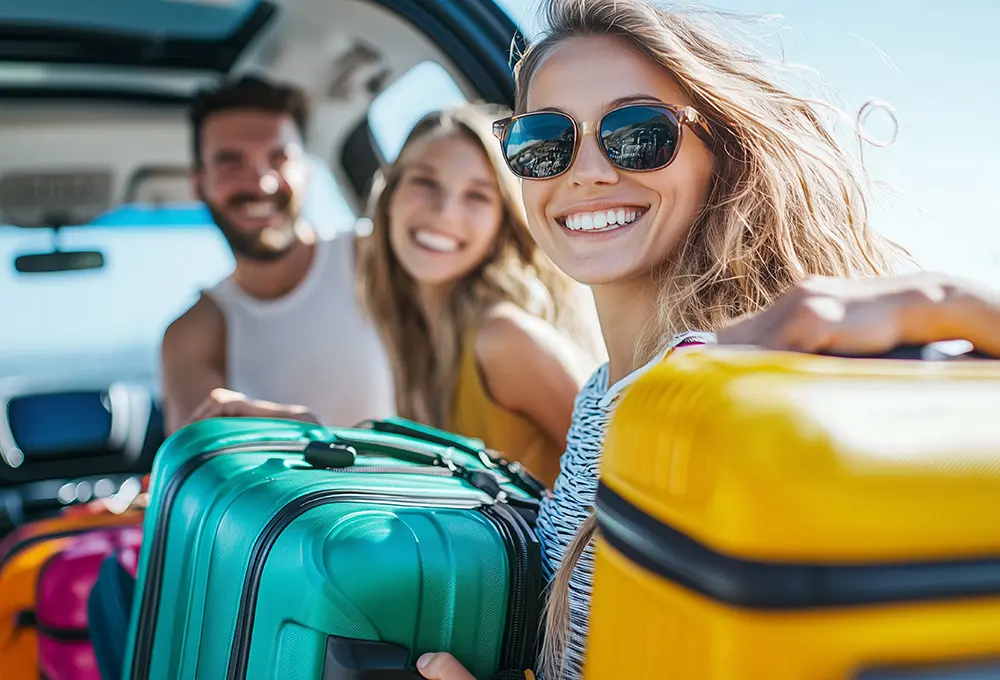 Tres personas sonr&iacute;en junto a un auto abierto, sosteniendo maletas de colores mientras disfrutan de un d&iacute;a soleado.