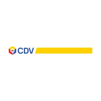 Logo de CDV con l&iacute;neas amarillas y hex&aacute;gono rojo, azul y amarillo.