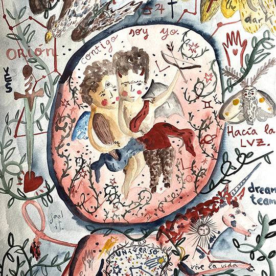 Ilustración colorida de dos figuras abrazadas. Incluye texto y símbolos alrededor.