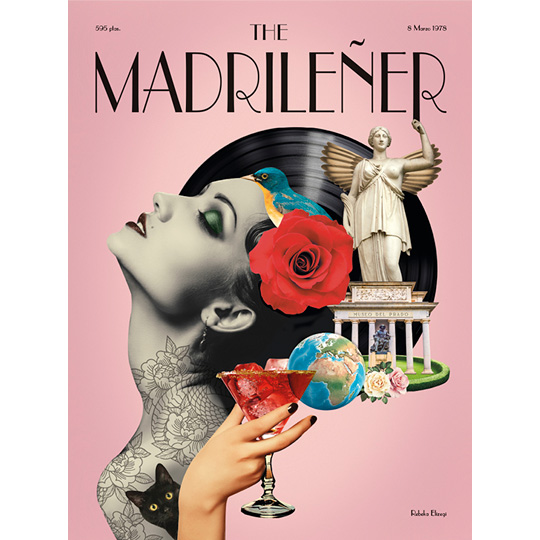 Collage surrealista con mujer, flores, pájaro, estatua y copa sobre fondo rosado. Texto: "THE MADRILEÑER".
