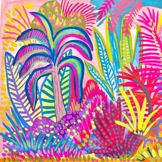 Ilustración de plantas tropicales en colores vivos como rosa, azul, verde y amarillo.