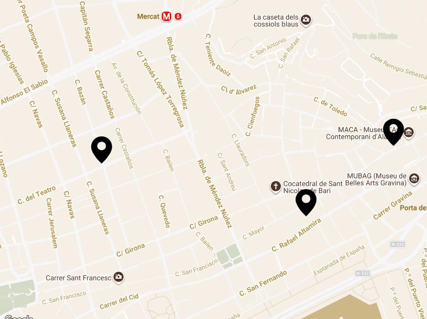 Mapa de Alicante con tres marcadores de ubicaci&oacute;n en el centro de la ciudad.